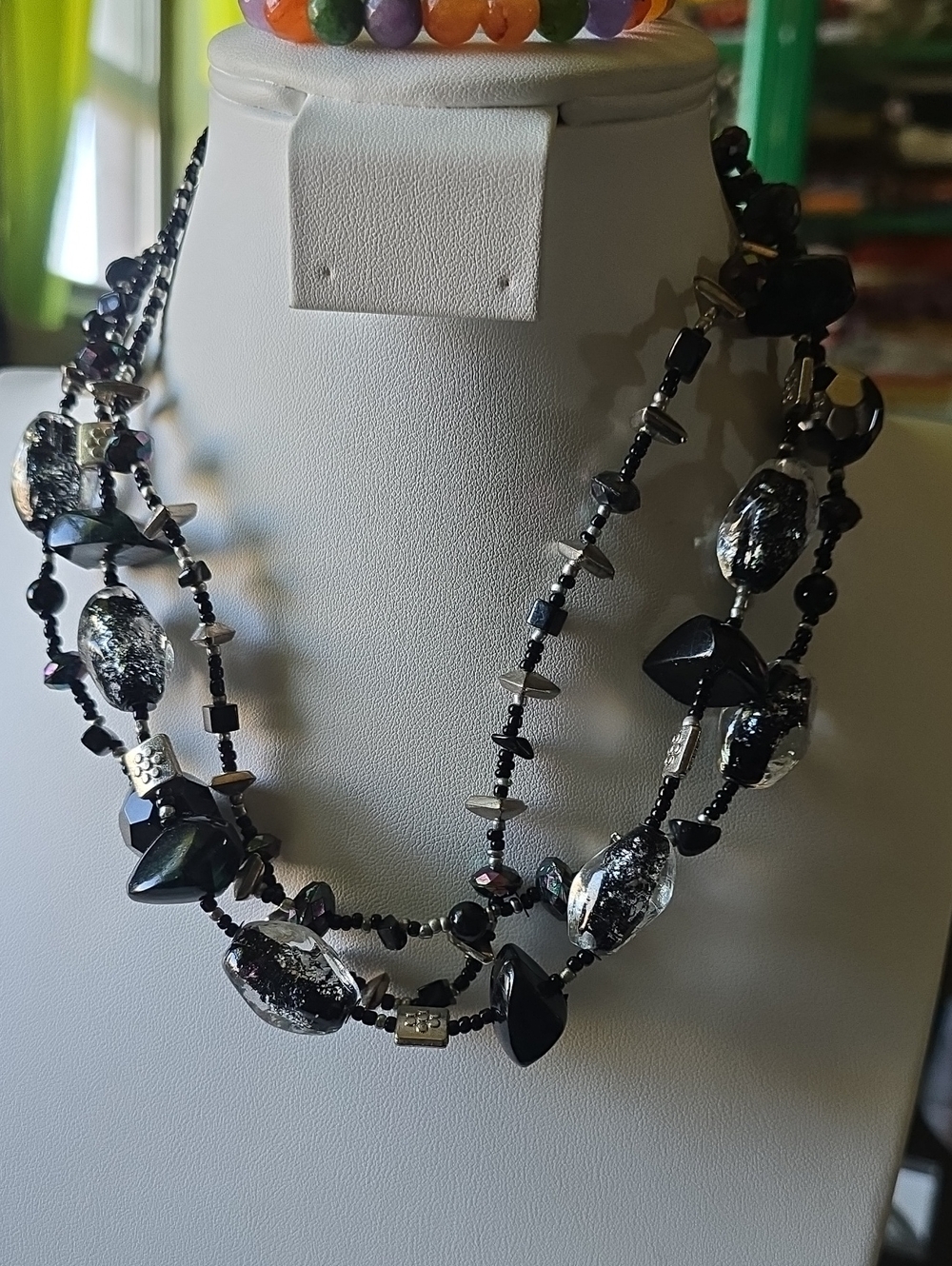 Black and Silver Multi-Strand Beaded Necklace - Women Jewelry